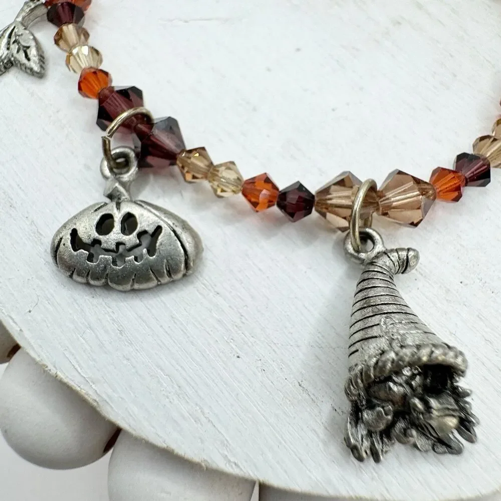 Fall Halloween Autumn Beaded Charm Bracelet Pumpkin Scarecrow Cornucopia